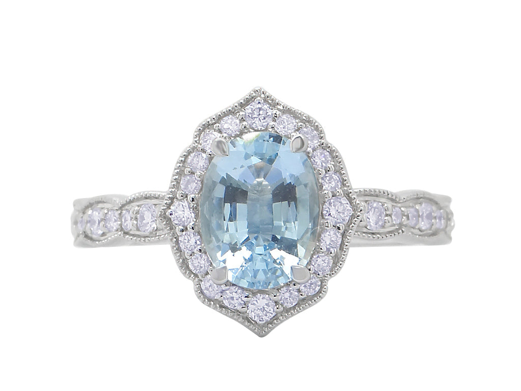 vintage inspired oval aquamarine and diamond ring millegrain design diamond set shoulders engagament ring  white gold harrogate jewellers gogal and barnes 