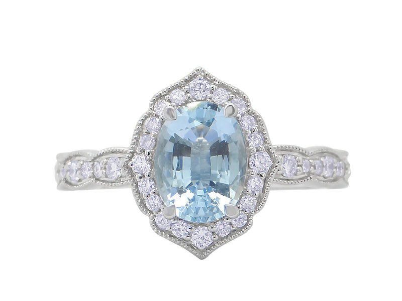 vintage inspired oval aquamarine and diamond ring millegrain design diamond set shoulders engagament ring  white gold harrogate jewellers gogal and barnes 