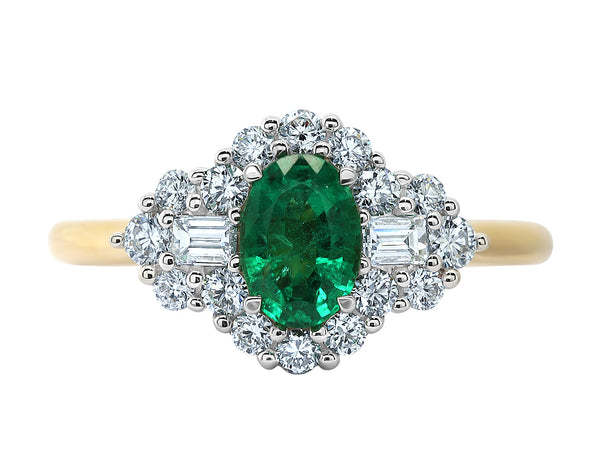 Vintage style Emerald and Diamond engagament ring baguette and round Diamonds white gold yellow gold Harrogate Jewellers Fogal and Barnes