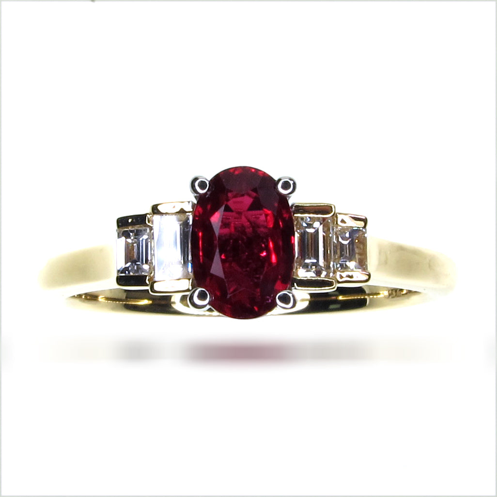 Oval ruby engagement ring baguette diamonds art deco inspired yellow gold Harrogate jewellers Fogal and barnes 