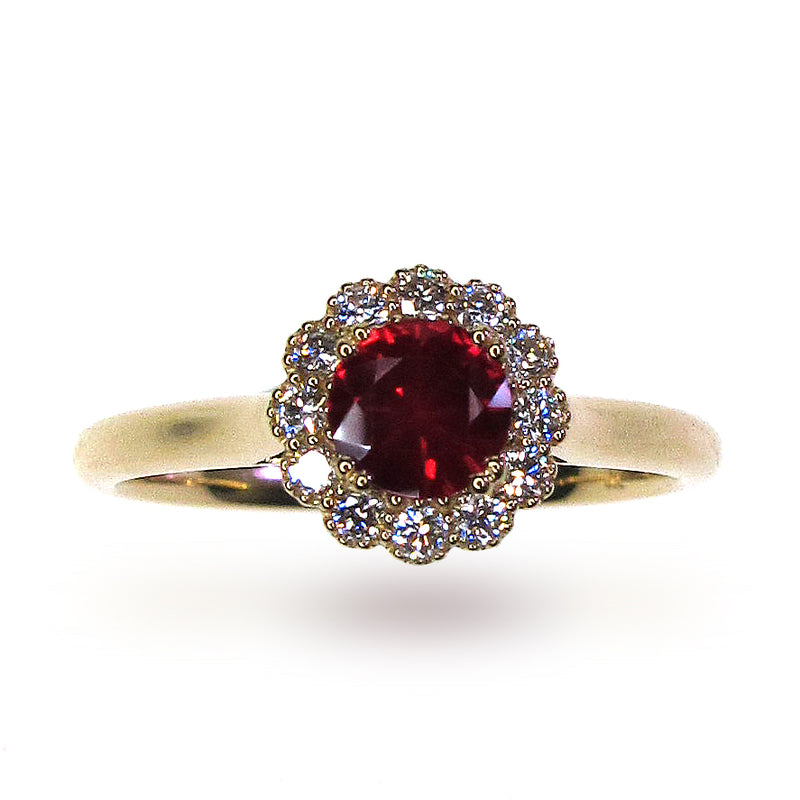 Round Ruby and diamond cluster engagement ring yellow gold Harrogate jewellers Fogal and barnes 