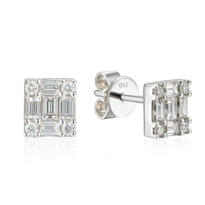 Diamond cluster earrings baguette round brilliant diamonds stud earring white gold Harrogate jewellers Fogal and barnes 