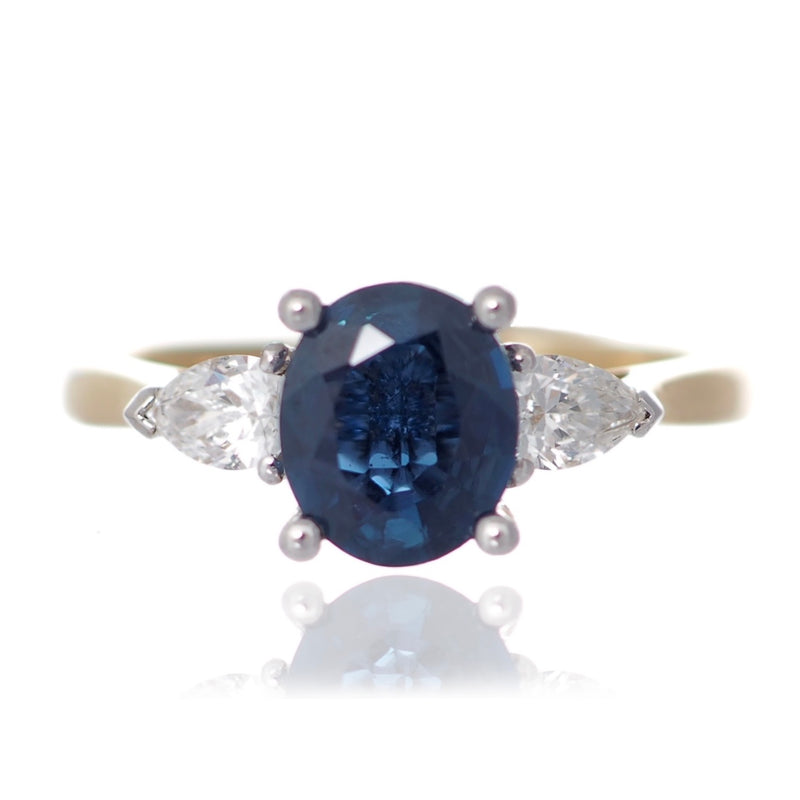 Oval Sapphire and Pear Diamond Trilogy engagement ring yellow gold Platinum Harrogate Jewellers Fogal and Barnes 