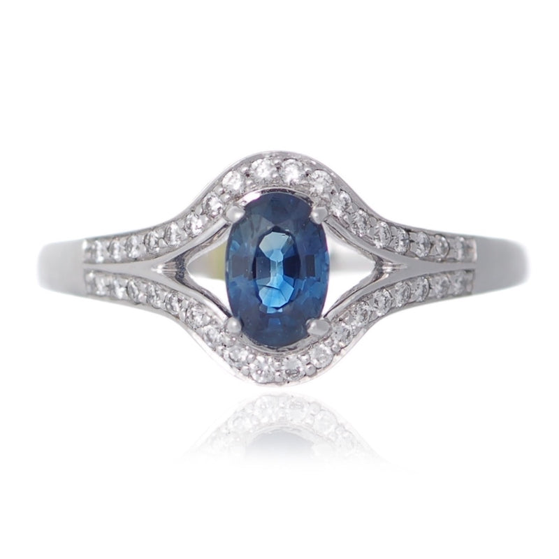 Oval Sapphire and Diamond Ring Split shoulders Diamond set Platinum Harrogate Jewellers Fogal and Barnes