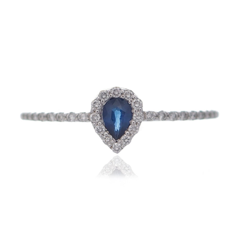 Pear Sapphire and Diamond halo engagement ring platinum diamond set shoulders Harrogate jewellers Fogal and Barnes