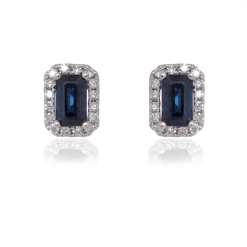 Emerald cut sapphire diamond halo stud earrings white gold Harrogate jewellers Fogal and barnes 