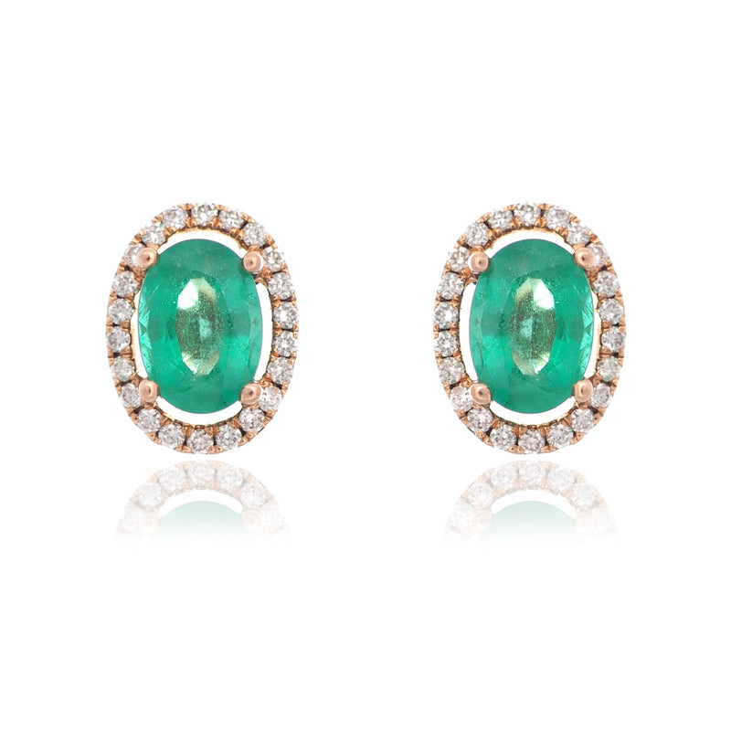 Oval Emerald and diamond halo earrings rose gold studs Harrogate jewellers Fogal and barnes