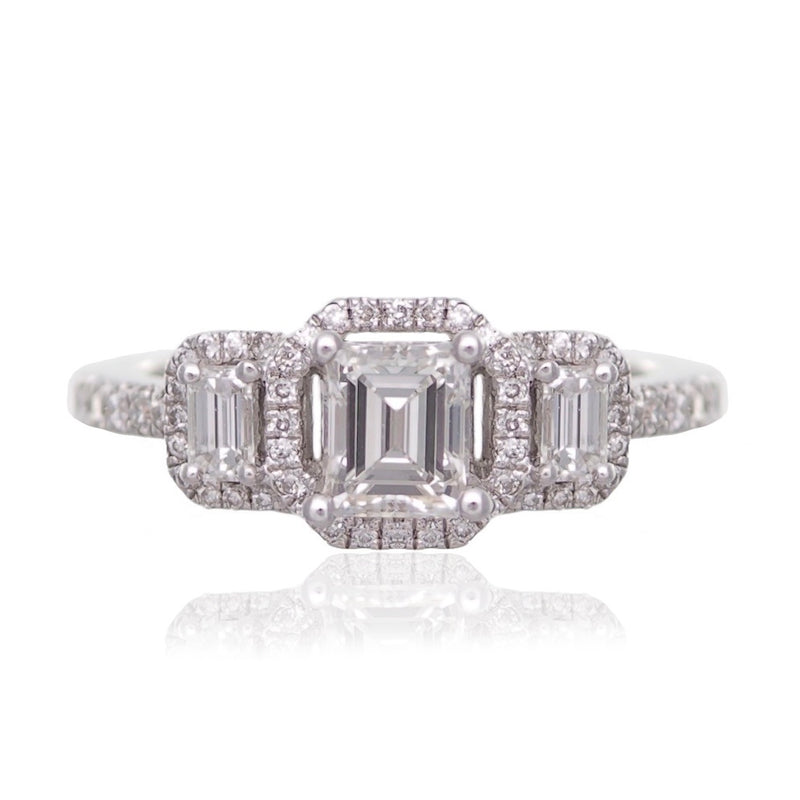 Fancy Emerald cut diamond trilogy engagement ring diamond halos white gold  harrogate jewellers Fogal and barnes 