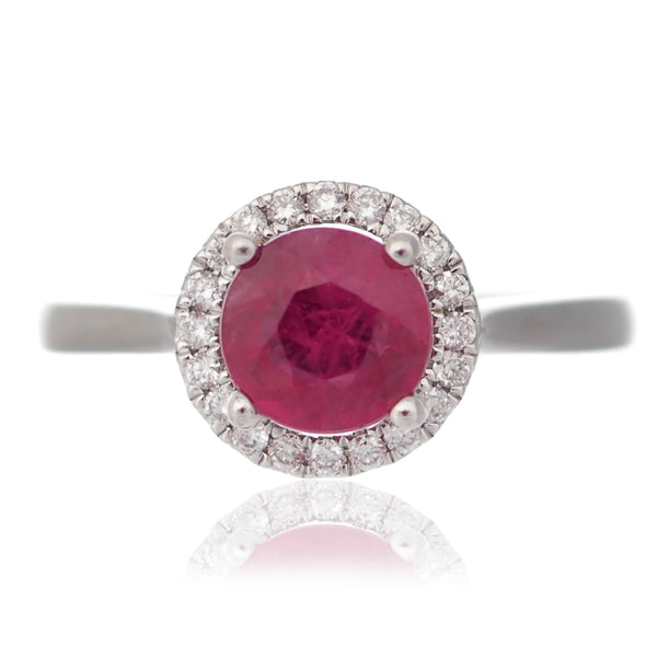 Round Ruby and diamond halo engagement ring yellow gold Harrogate jewellers Fogal and barnes 
