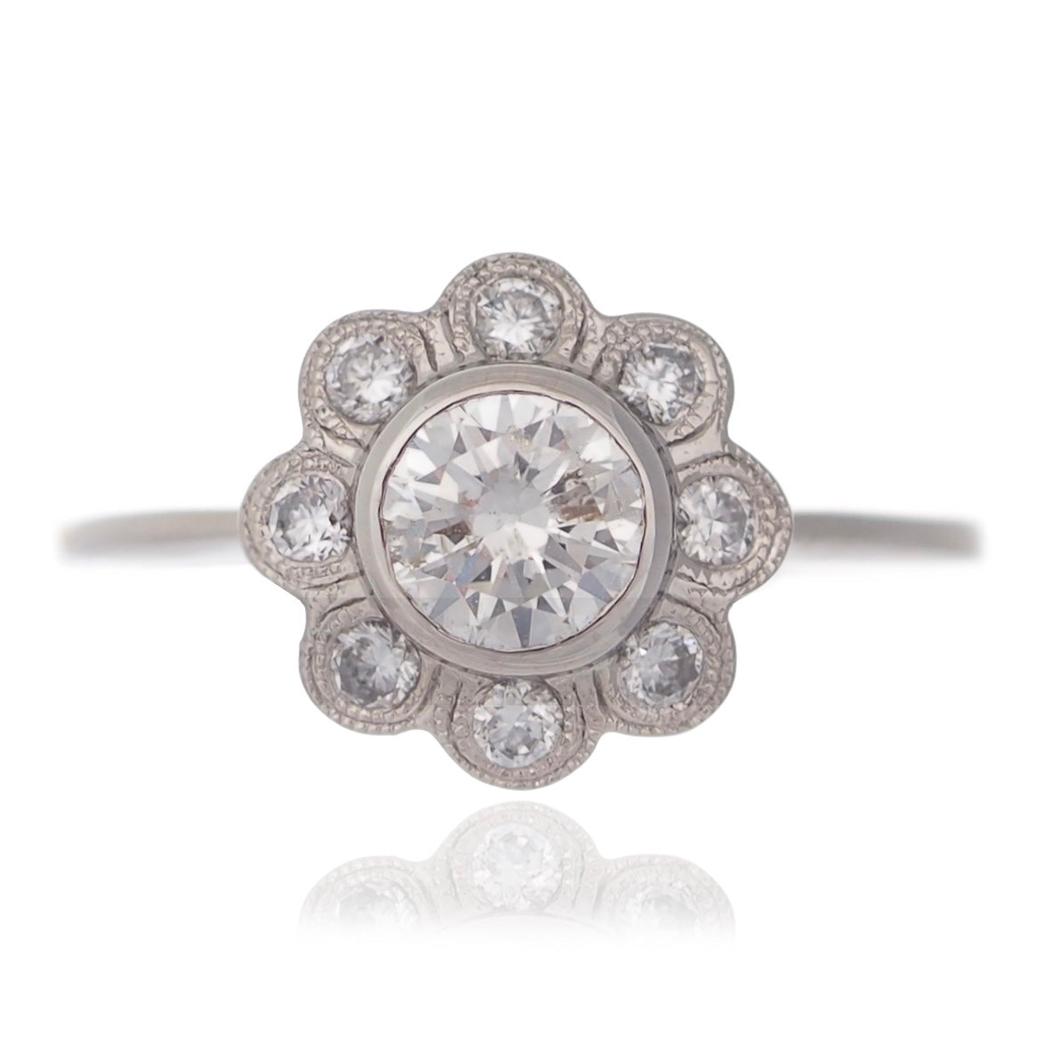 Diamond dress ring vintage inspired flower design Round brilliant diamonds millegraine setting white gold Harrogate jewellers Fogal and barnes 