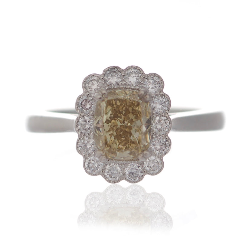Fancy yellow diamond cluster ring engagement white gold Harrogate jewellers Fogal and barnes 