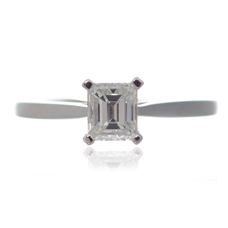 Emerald cut diamond  solitaire engagement ring platinum Harrogate jewellers Fogal and barnes 