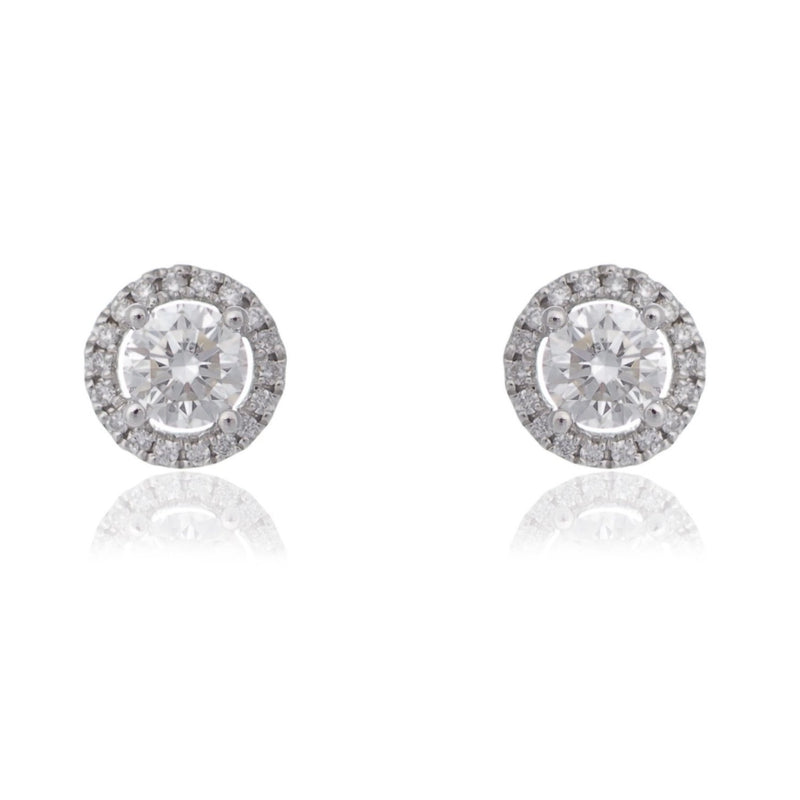 Classic round brilliant diamond stud earrings diamond halo white gold Harrogate jewellers Fogal and barnes 