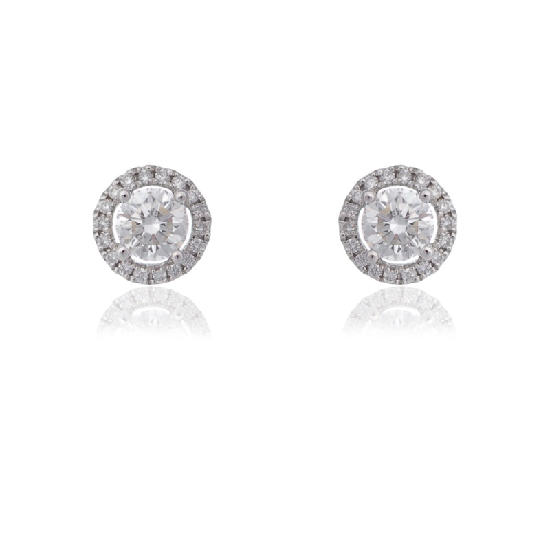 Classic round brilliant cut diamond stud earrings diamond halo white gold Harrogate jewellers Fogal and barnes 