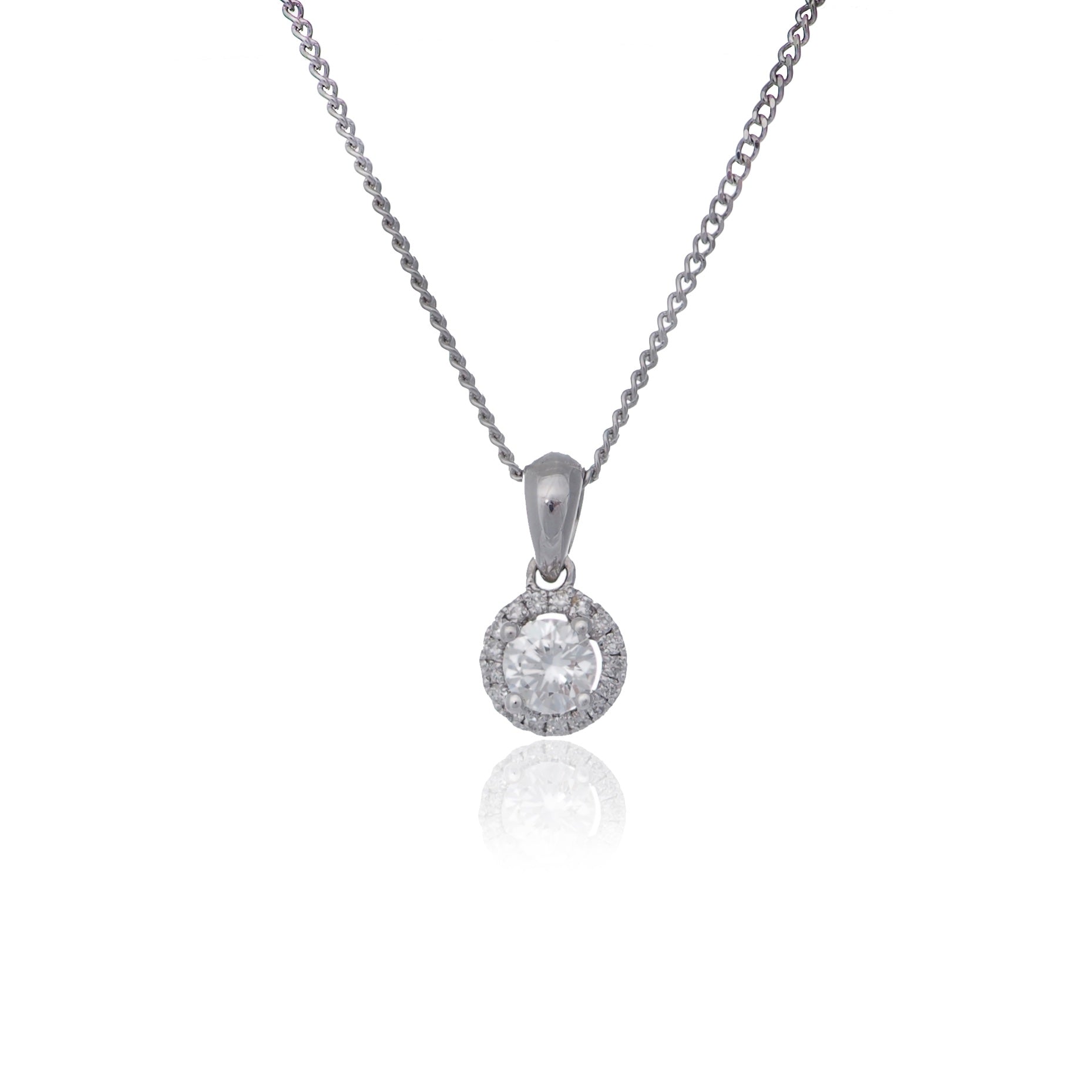 Round brilliant diamond halo pendant necklace white gold Harrogate jewellers Fogal and barnes 