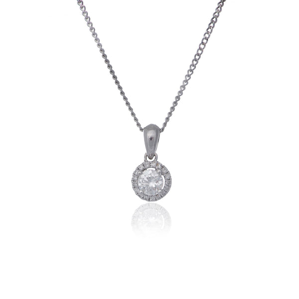 Round brilliant diamond halo pendant necklace white gold Harrogate jewellers Fogal and barnes 
