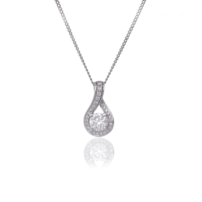 Round brilliant diamond halo on twisted diamond setting white gold pendant necklace Harrogate jewellers Fogal and barnes 