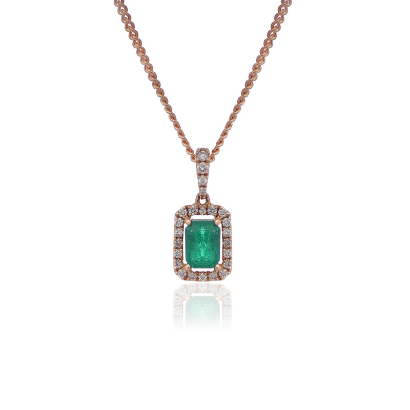 Emerald cut Emerald and diamond Halo drop pendant Yellow gold  Harrogate Jewellers Fogal and Barnes