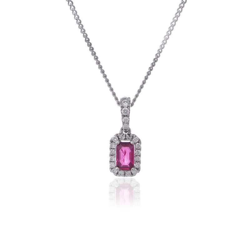 Emerald cut Ruby and diamond pendant necklace white gold Harrogate jewellers Fogal and barnes 