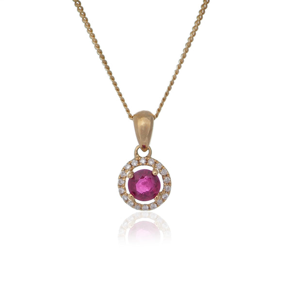 Round Ruby and diamond halo pendant necklace yellow gold Harrogate jewellers Fogal and Barnes 