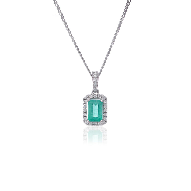 Emerald cut emerald and diamond pendant necklace white gold Harrogate jewellers Fogal and Barnes 