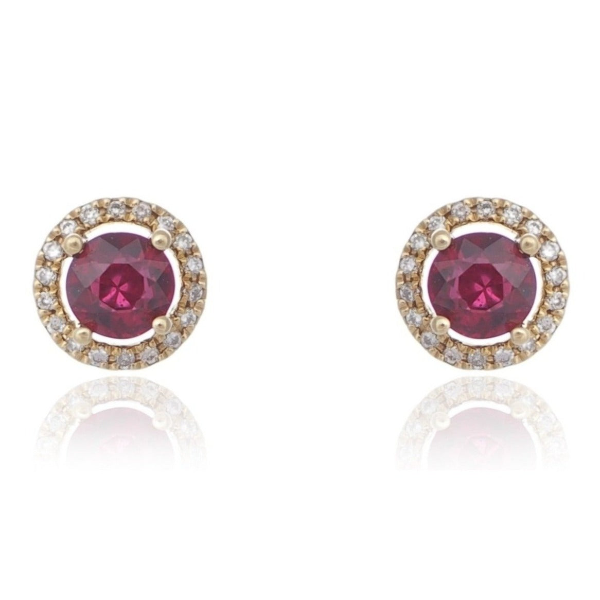 Round Ruby and diamond halo earrings yellow gold Harrogate jewellers Fogal and Barnes 