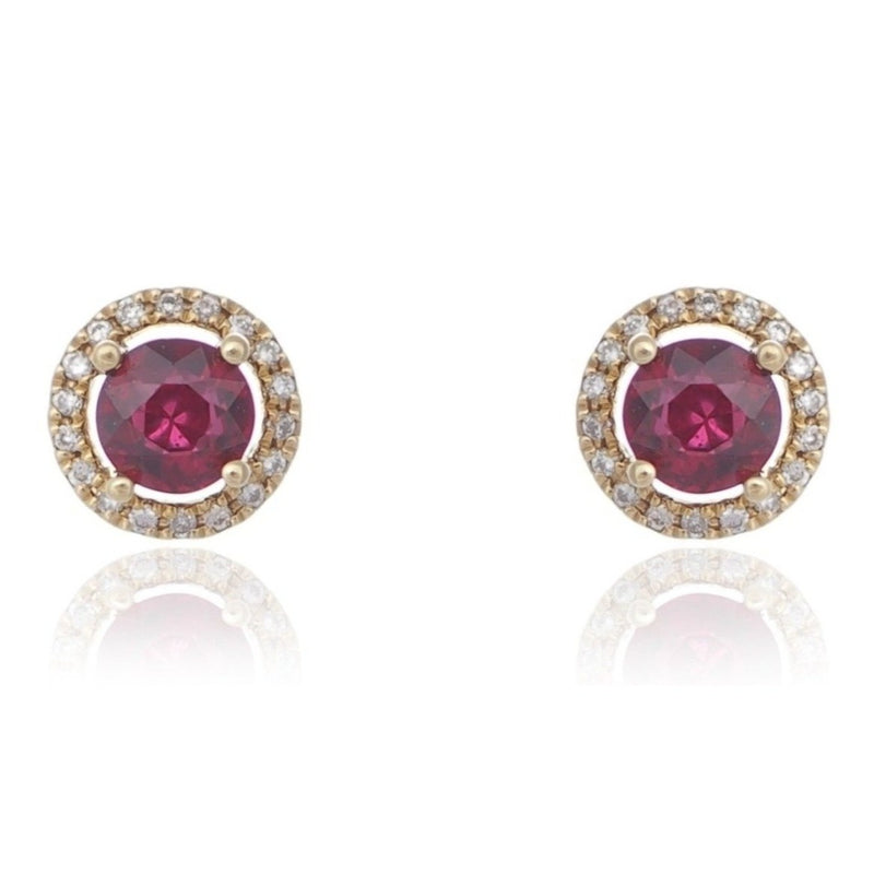 Round Ruby and diamond halo earrings yellow gold Harrogate jewellers Fogal and Barnes 