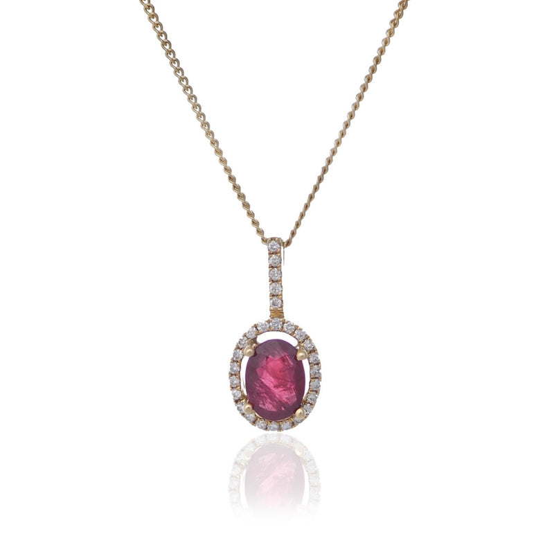 Oval Ruby diamond halo drop pendant yellow gold necklace Harrogate jewellers Fogal and barnes 