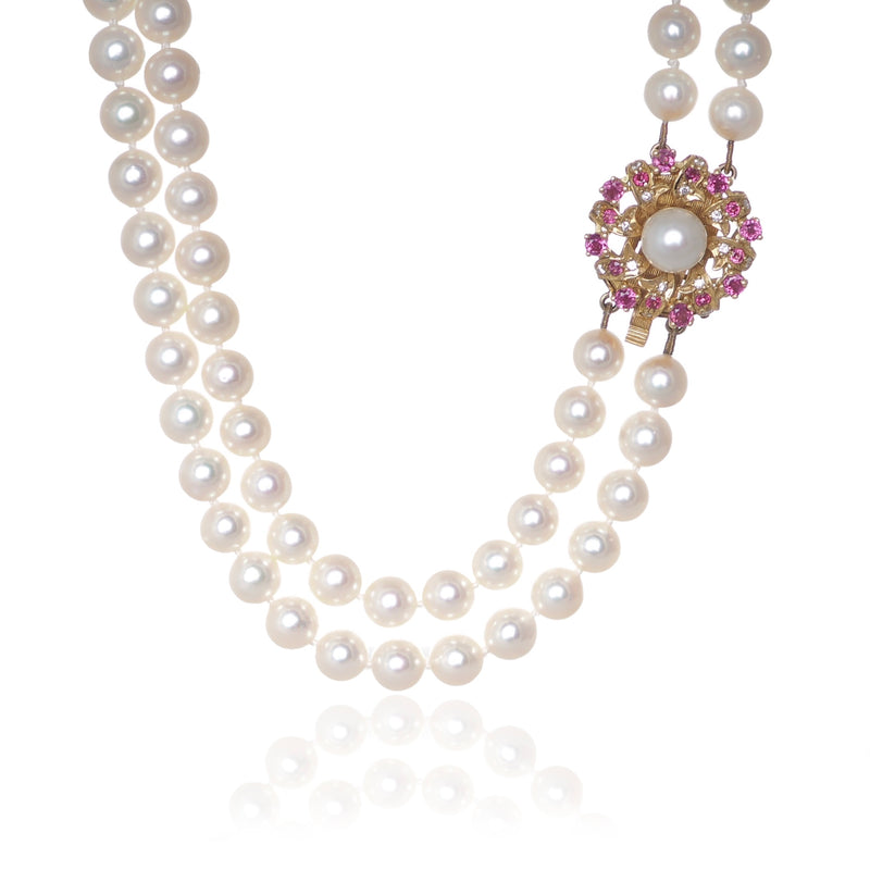 Acoya pearls double row necklace with ruby and diamond flower clasp Harrogate jewellers Fogal and barnes 