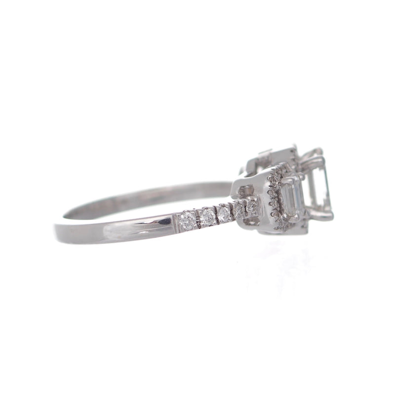 Fancy emerald cut diamond trilogy engagement ring  diamond halo white gold Harrogate jewellers Fogal and barnes 